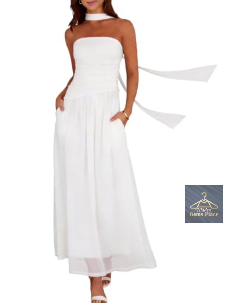 Strapless Ruched Tube Maxi Dress With Scarf Pockets